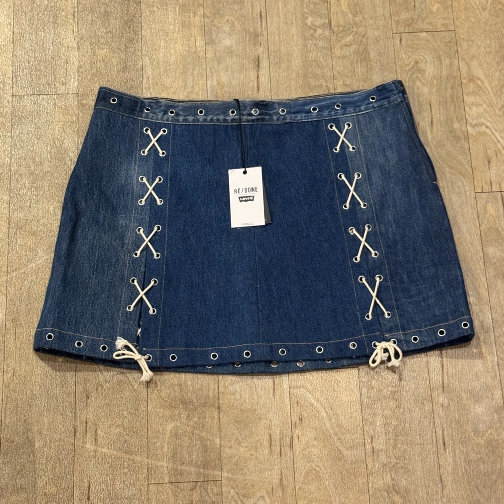 Re/Done Dark Blue Denim Mini Skirt with Eyelet Lace-Up Detail